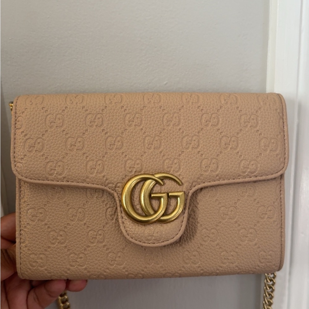 Inspired Tan Leather Clutch with Gold Logo